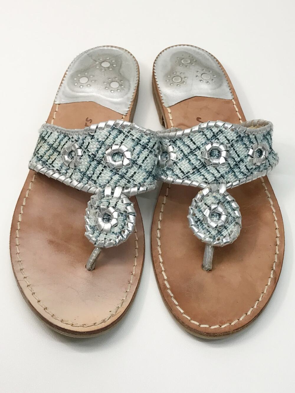 Jack Rogers Sandals Shiloh Silver Blue Plaid Tweed Leather Thongs
